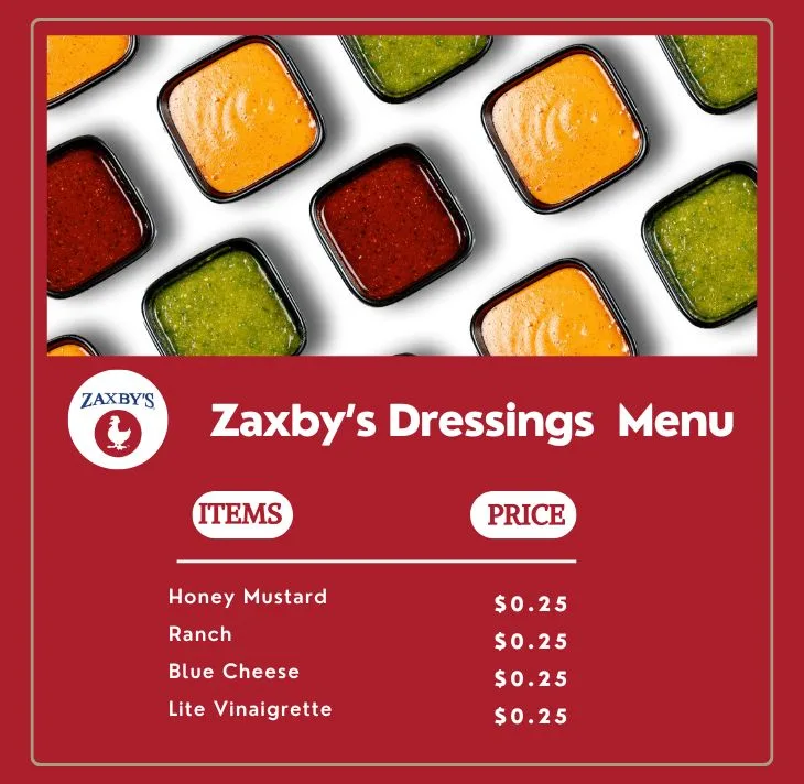 Zaxbys Dressings Menu with Prices