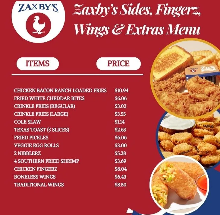 List of the Zaxbys Sides, Fingerz, Wings & Extras Menu with prices