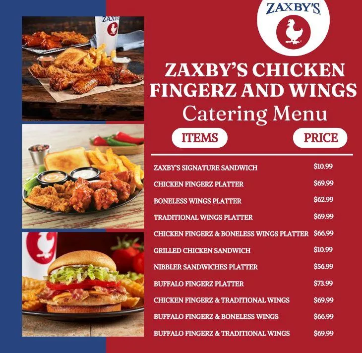 Zaxbys Chicken Fingerz and Wings  Catering Menu with Prices