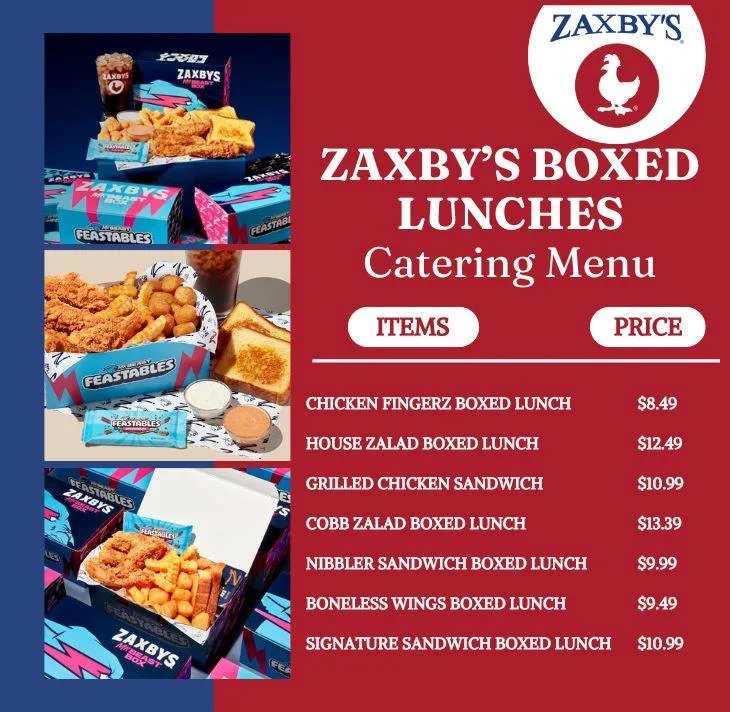 Zaxbys Boxed Lunches Catering Menu with Prices