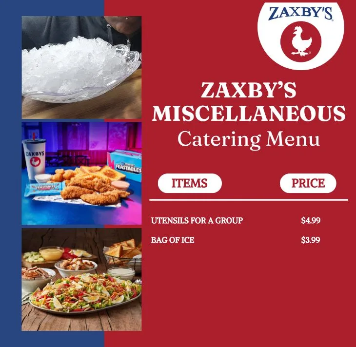 Zaxbys Miscellaneous Catering Menu with prices