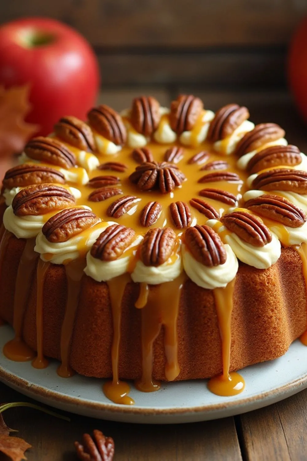Apple Pecan Cake with Caramel Glaze